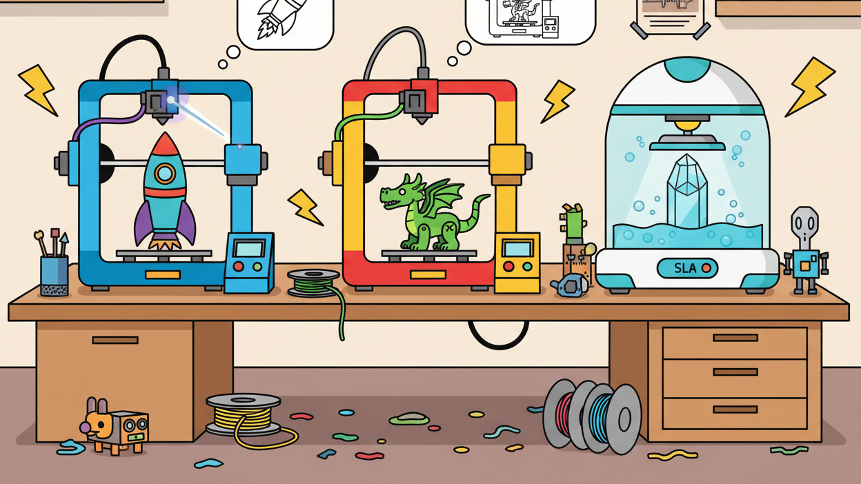 Three 3D Printers - Comic Style